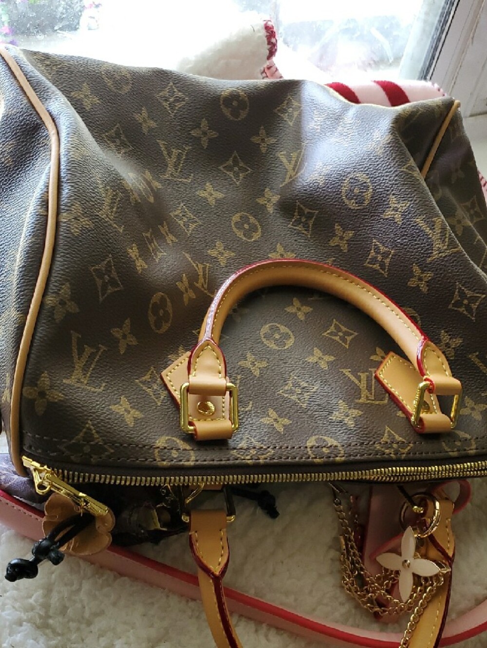 Brown Monogram Satchel with Pink Strap and Gold Hardware - Picture 10 of 11